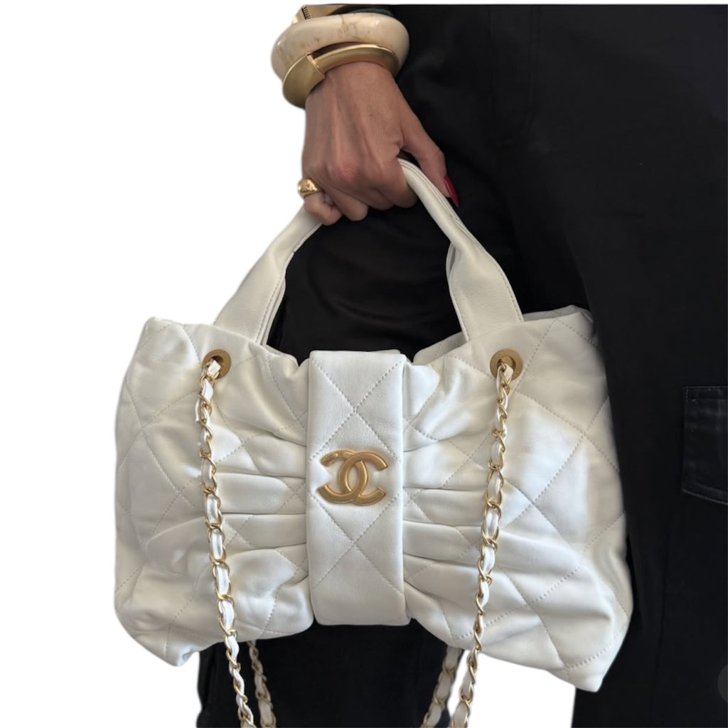 Chanel Quilted Bow Top Handle Bag with Chain Strap
