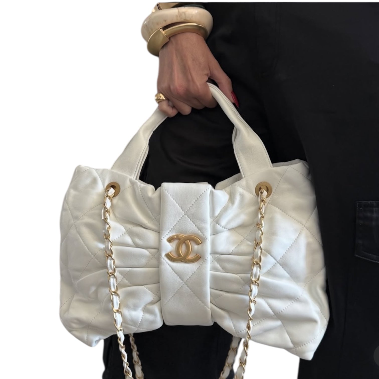 Chanel Quilted Bow Top Handle Bag with Chain Strap