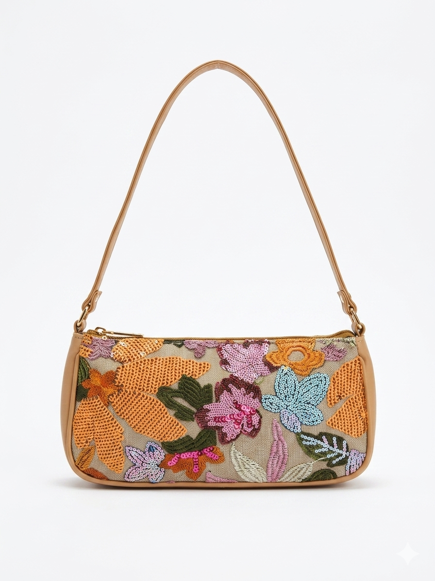 Floral Sequin Shoulder Baguette Bag