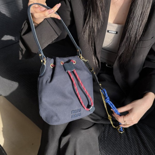 Miu Miu Logo Canvas Drawstring Bucket Bag