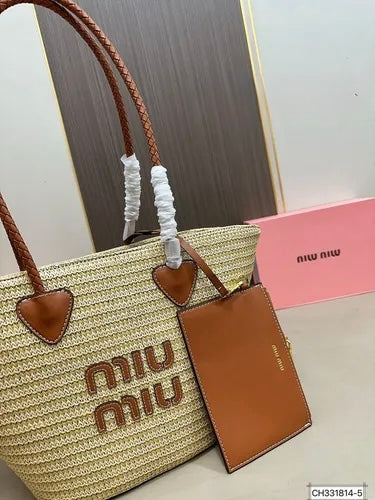 Miu Miu Woven Raffia Tote Bag with Heart Details