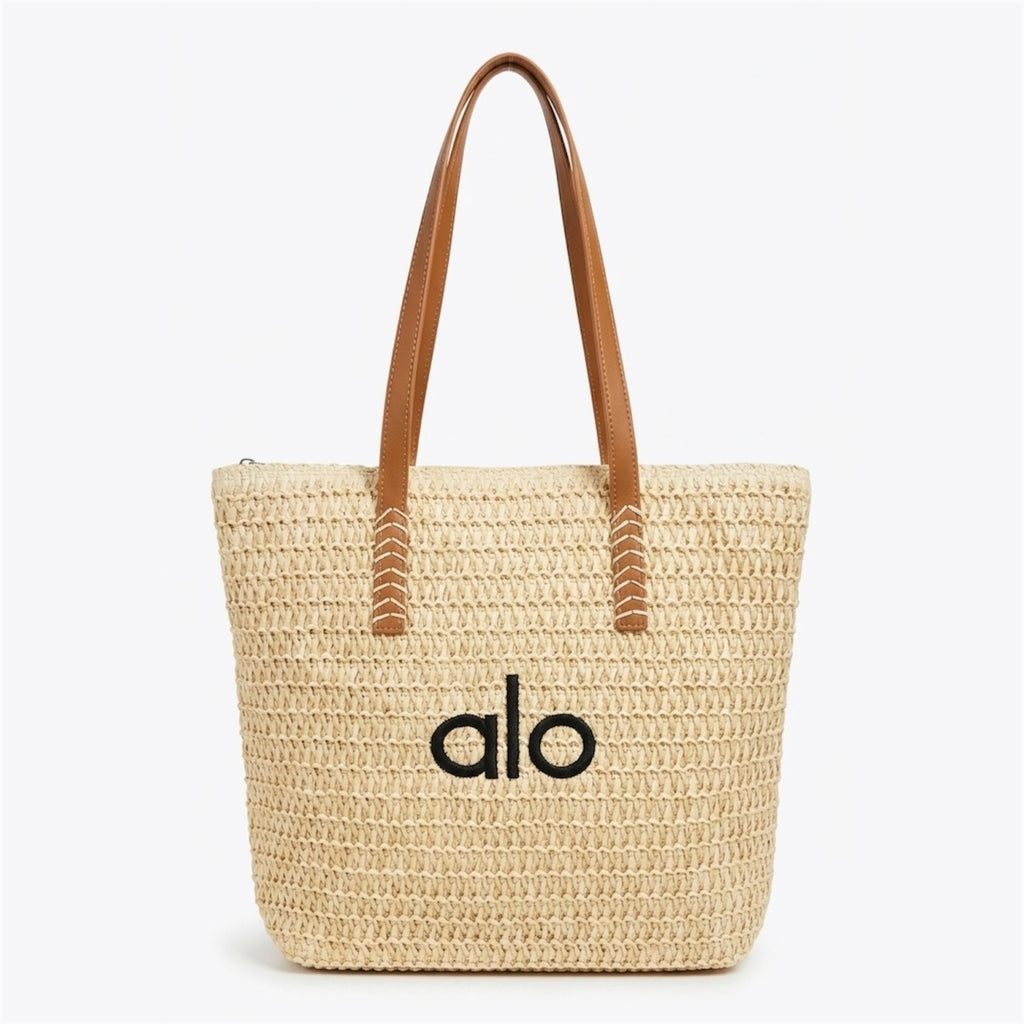 Alo Yoga Straw Tote Bag with Leather Handles