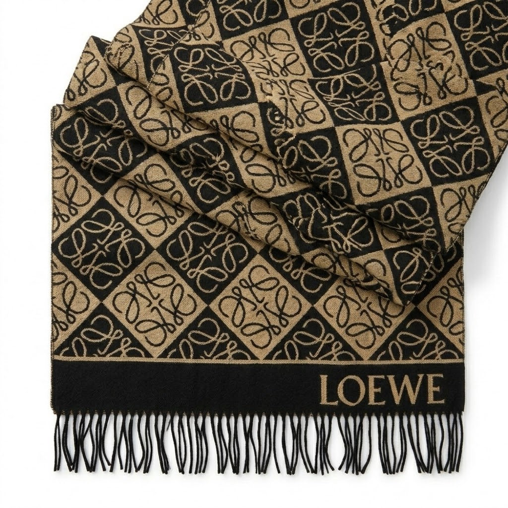 Loewe Anagram Checkered Fringed Scarf