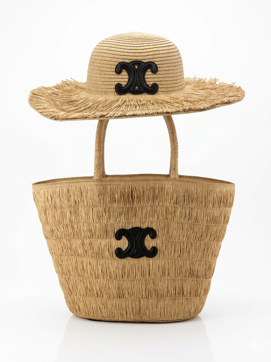 Celine Triomphe Panier Tote & Raffia Hat Set