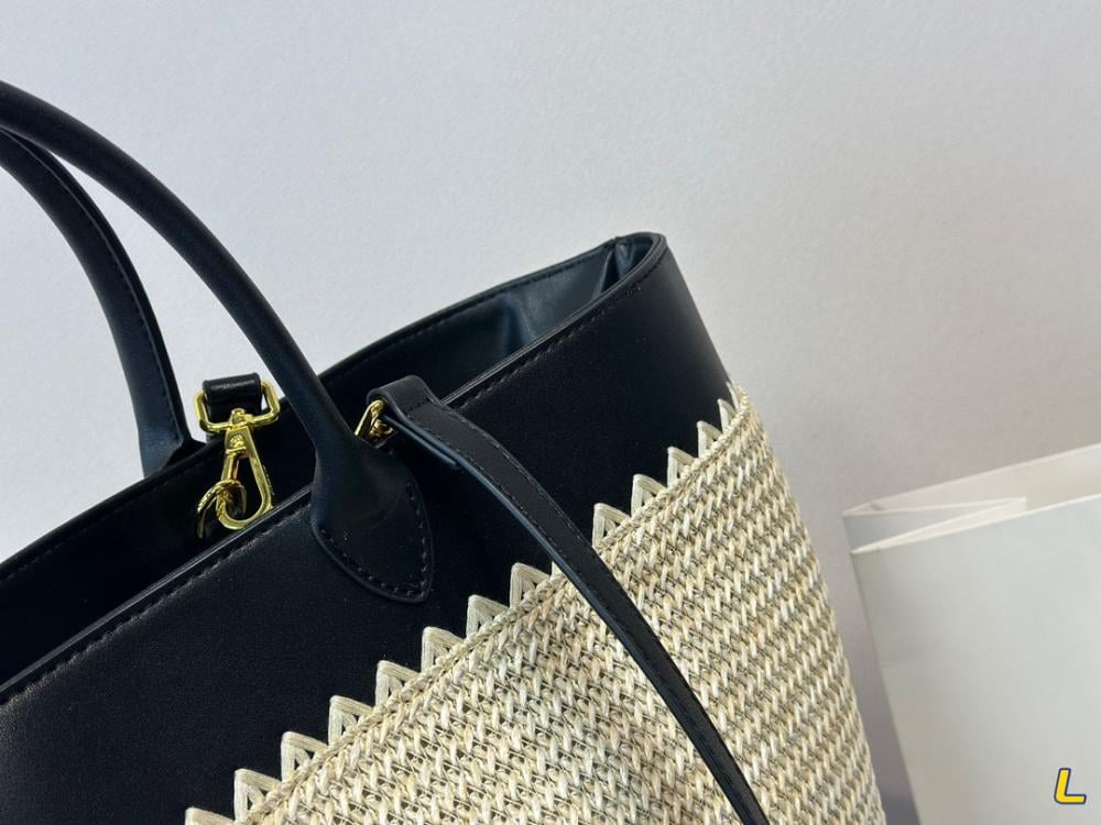 Prada Large Raffia and Leather Tote Bag
