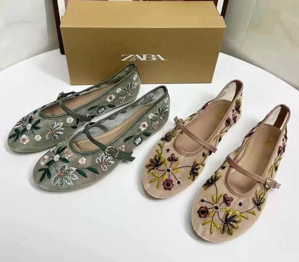 Zara Embroidered Mesh Mary Jane Ballet Flats