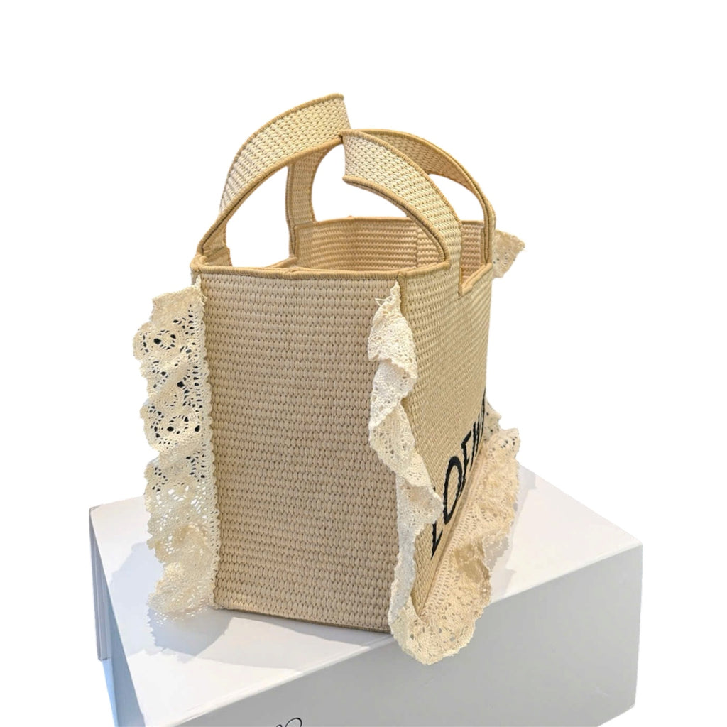 Loewe Standard A5 Tote in Raffia with Lace Trim