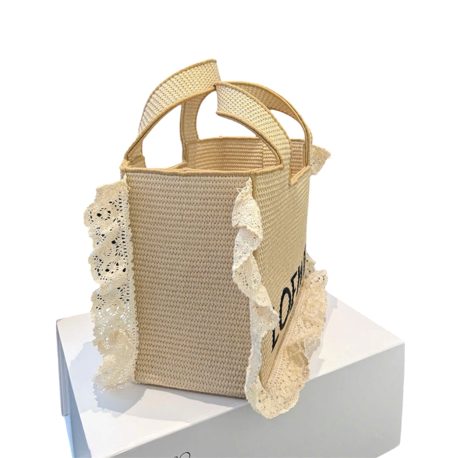 Loewe Standard A5 Tote in Raffia with Lace Trim