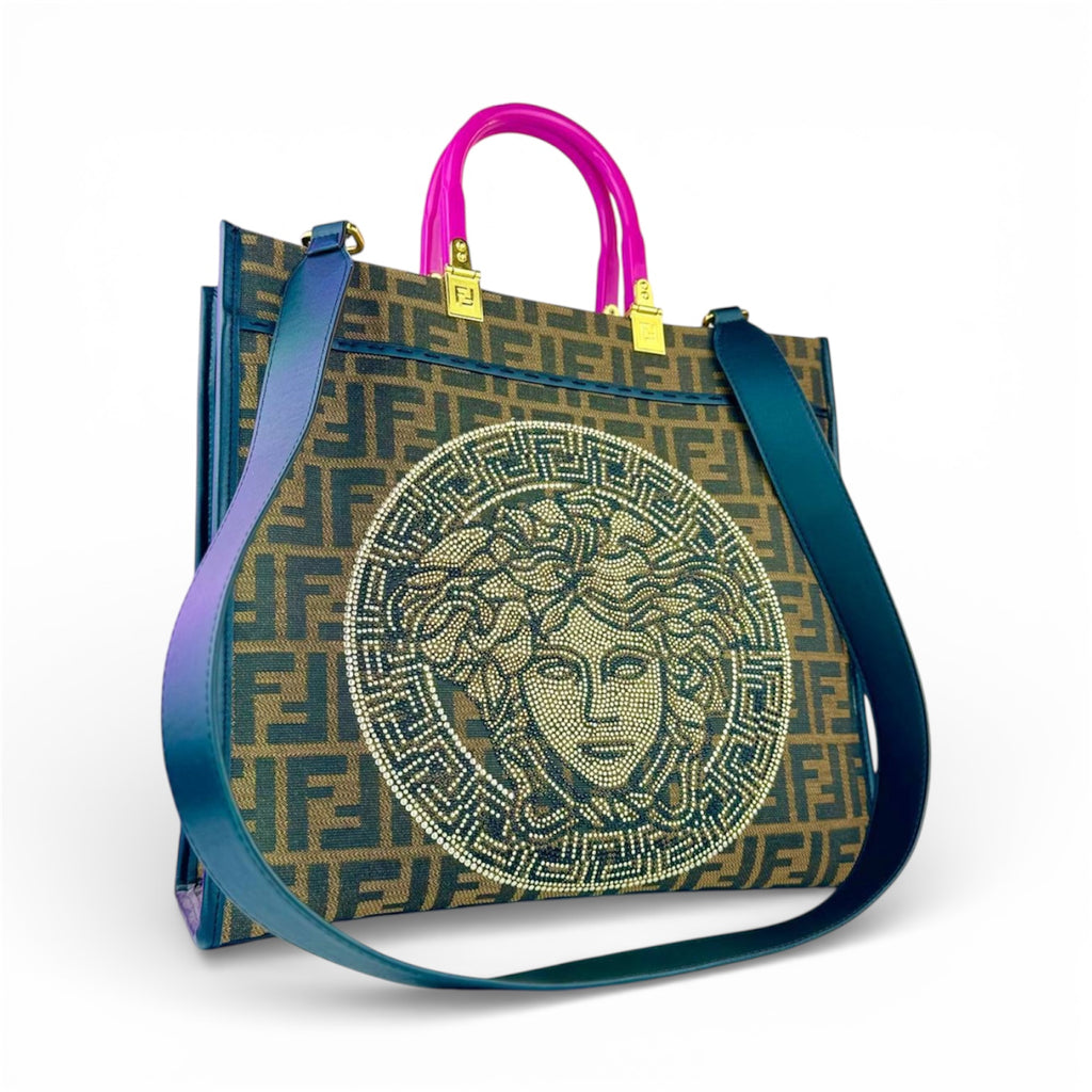 FENDACE (Fendi x Versace) Tote Bag – FF Canvas with Medusa Crystal Design