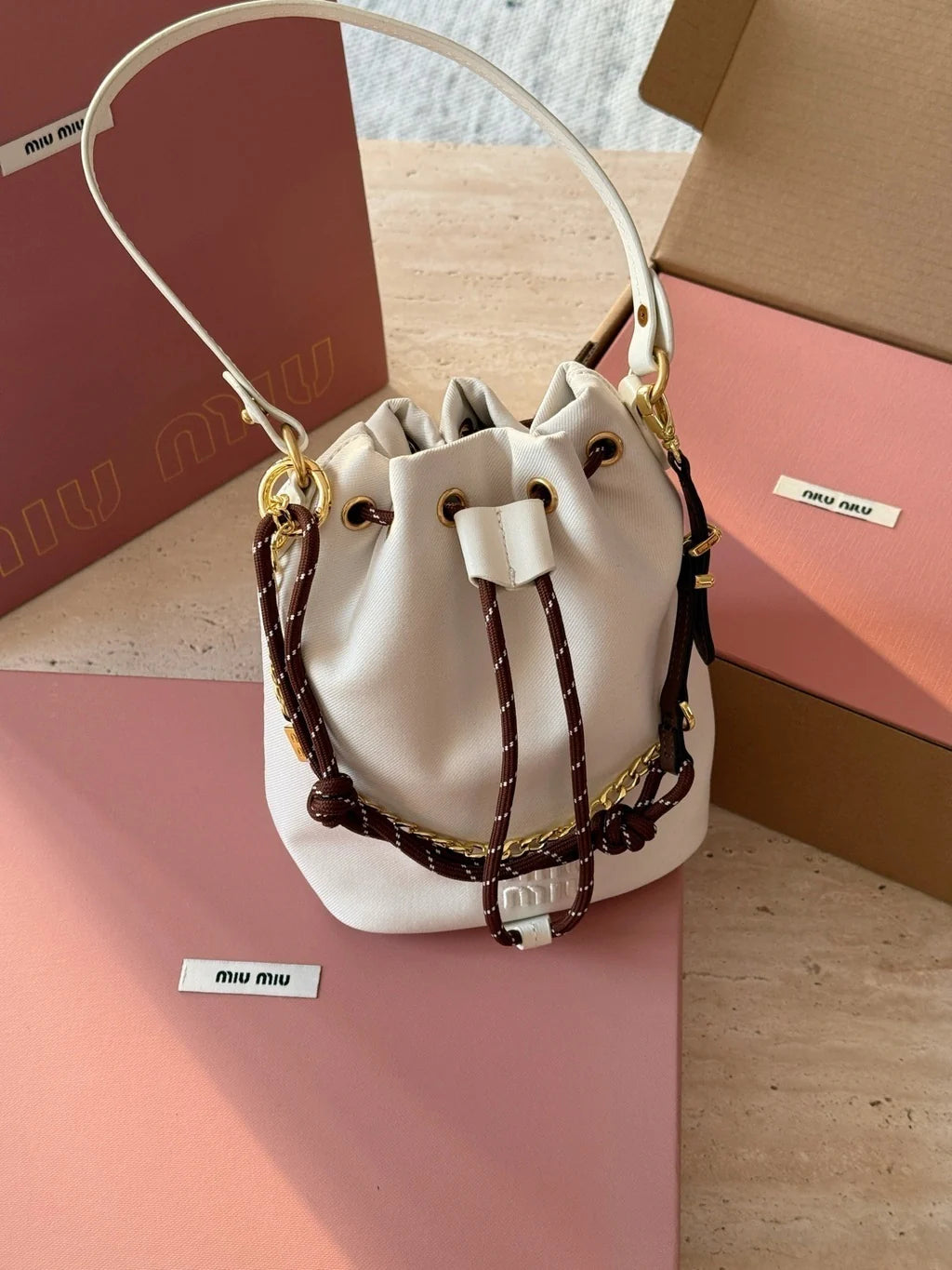 Miu Miu Logo Canvas Drawstring Bucket Bag