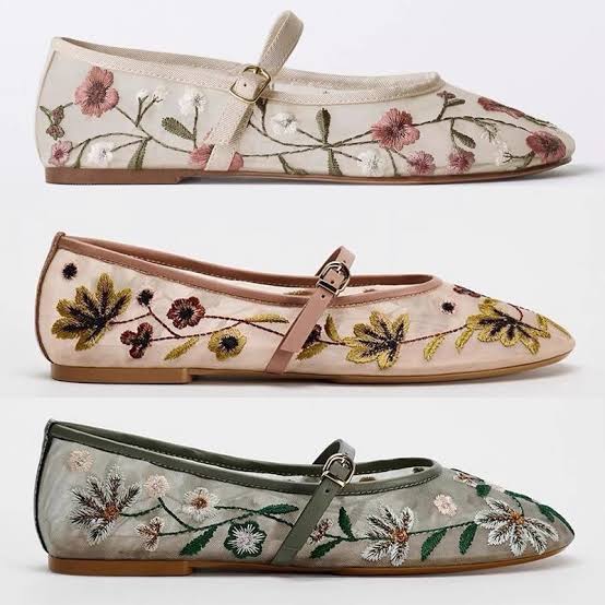 Zara Embroidered Mesh Mary Jane Ballet Flats