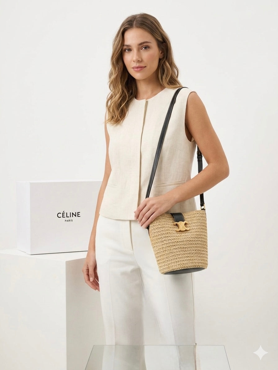 Celine Teen Triomphe Panier in Raffia and Calfskin