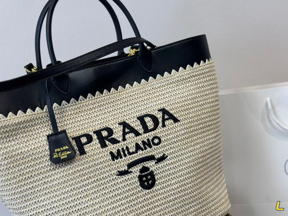 Prada Large Raffia and Leather Tote Bag