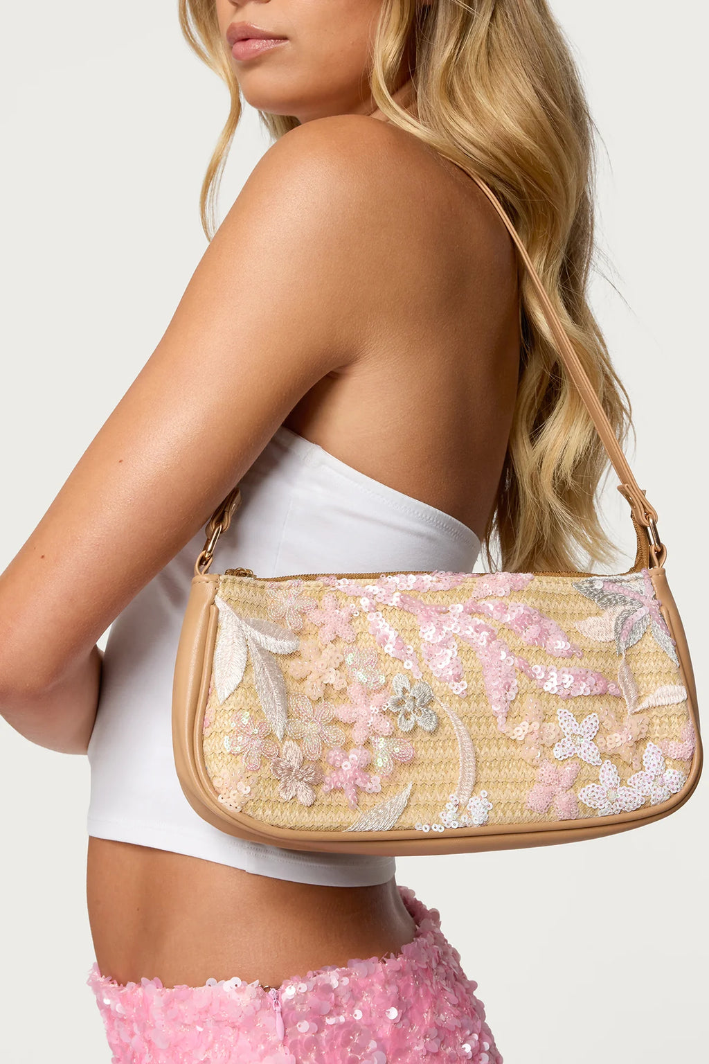 Floral Sequin Shoulder Baguette Bag