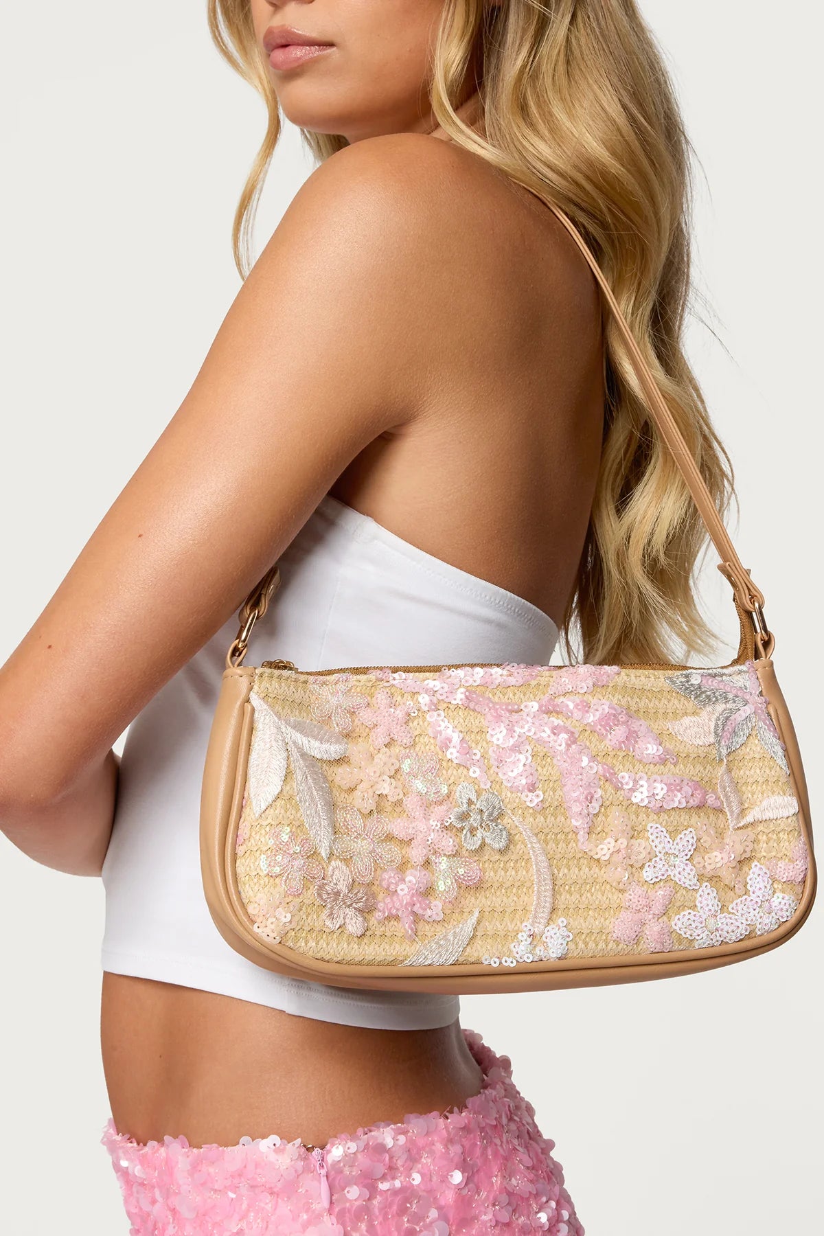 Floral Sequin Shoulder Baguette Bag