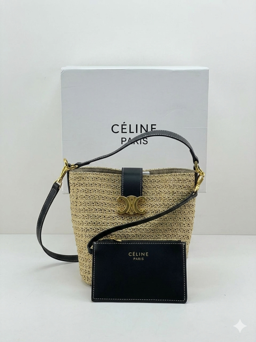 Celine Teen Triomphe Panier in Raffia and Calfskin