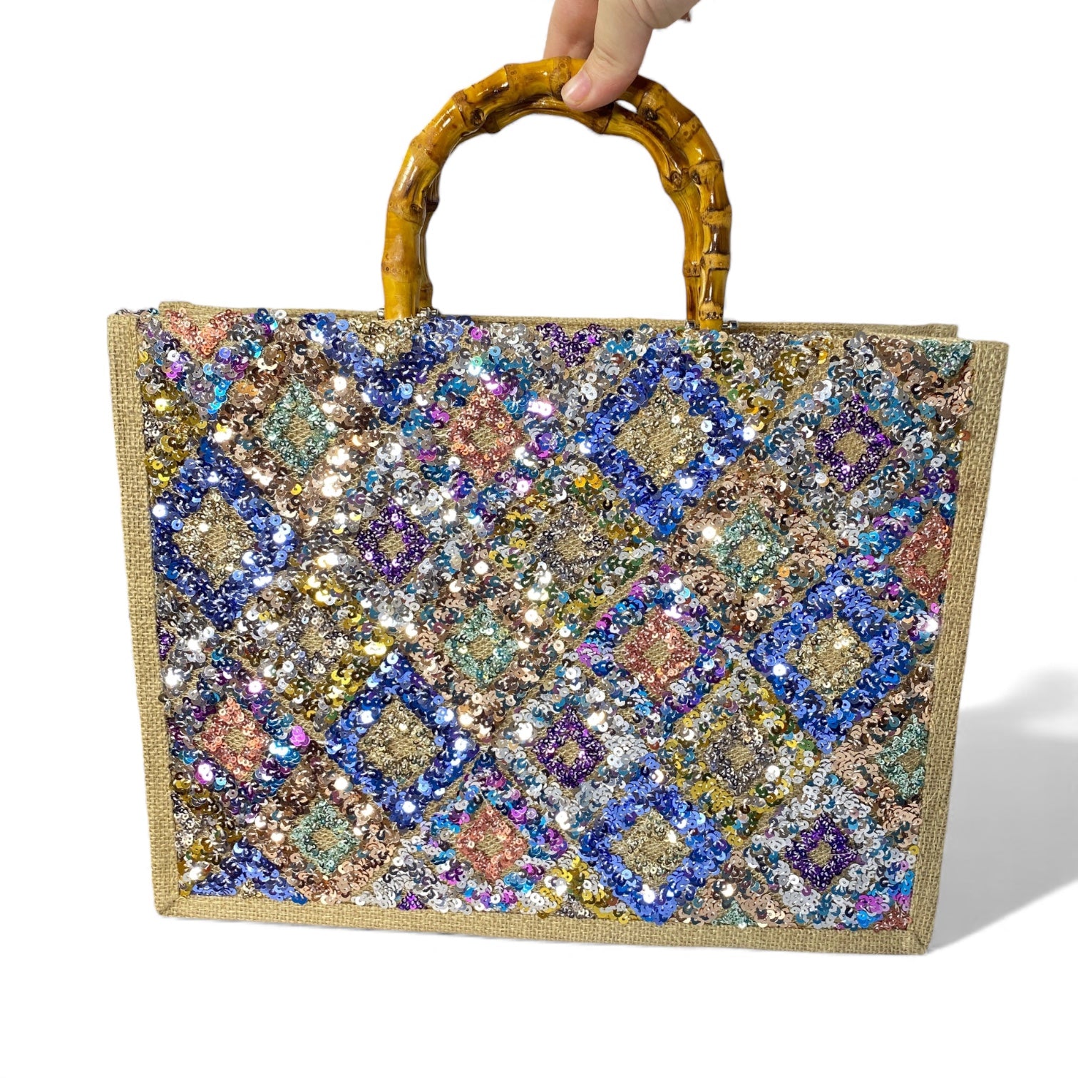 Boho Sequin Woven Handle Tote Bag
