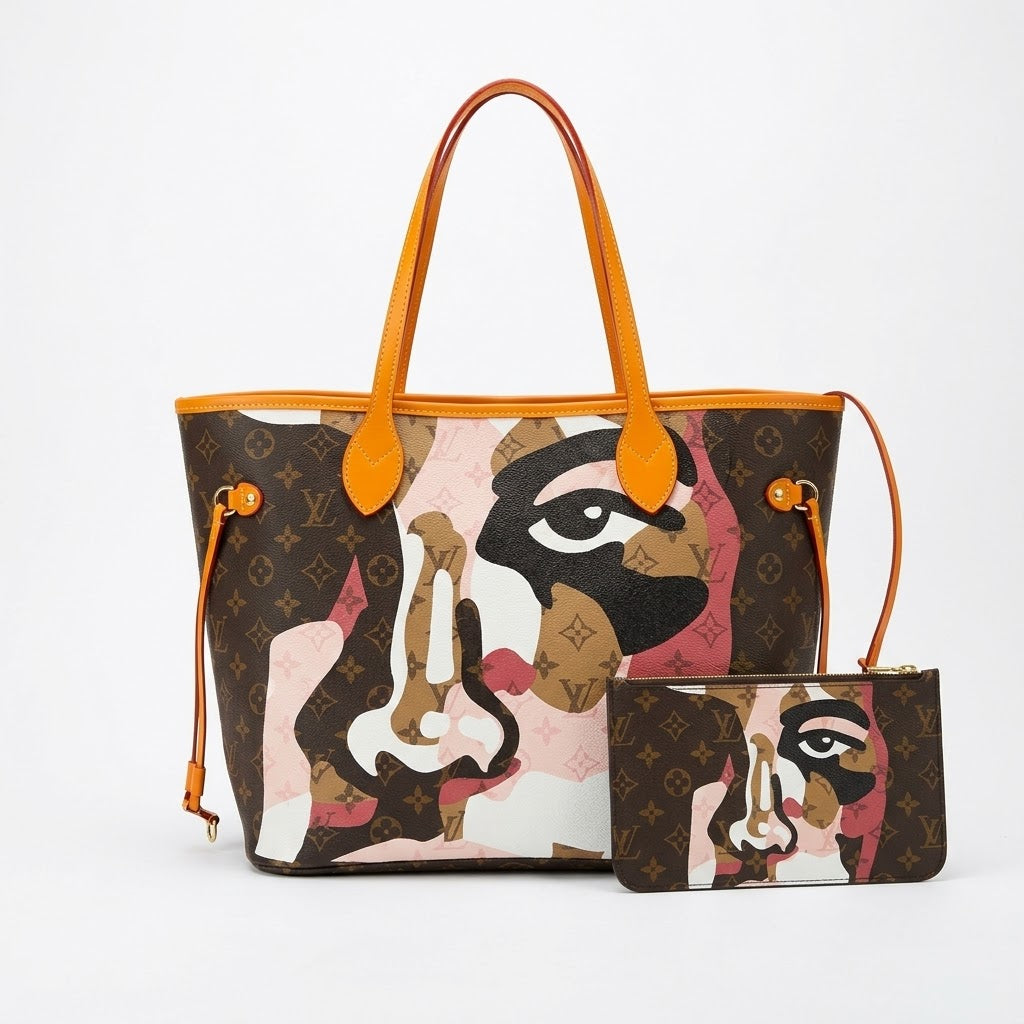 Louis Vuitton Neverfull Face Print Tote Bag with Removable Pouch