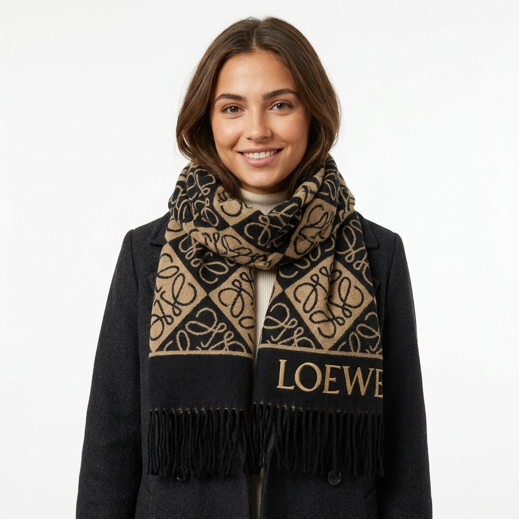 Loewe Anagram Checkered Fringed Scarf
