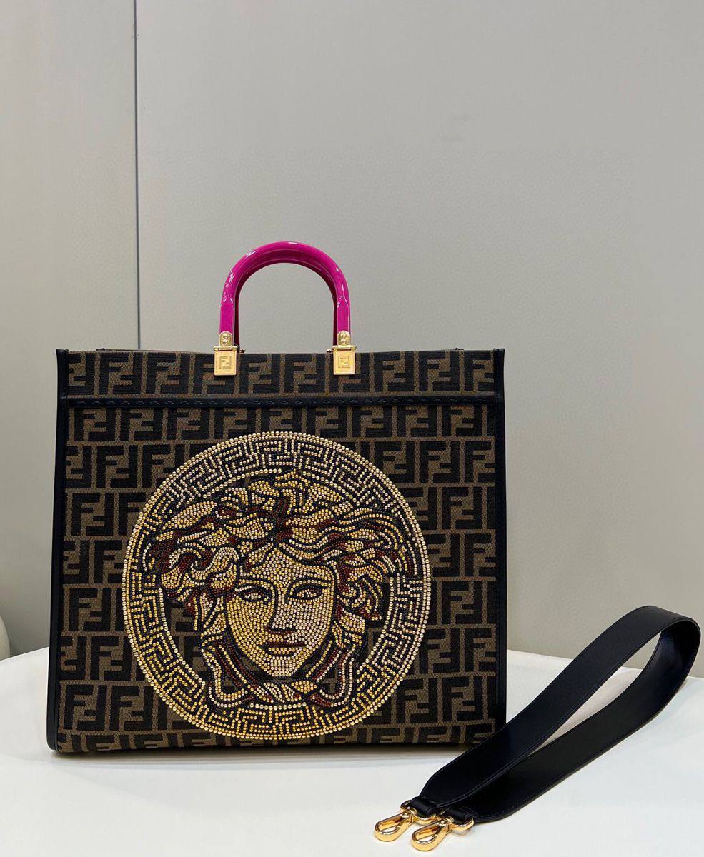 FENDACE (Fendi x Versace) Tote Bag – FF Canvas with Medusa Crystal Design