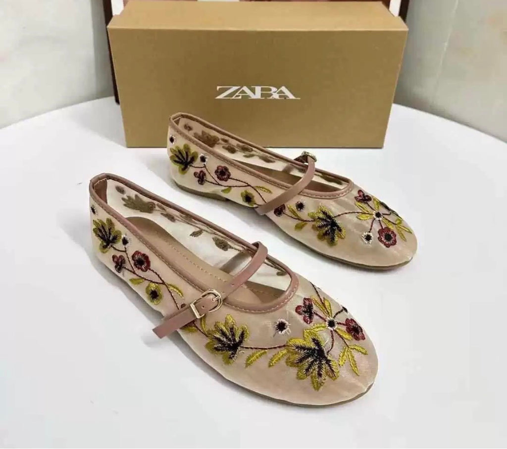 Zara Embroidered Mesh Mary Jane Ballet Flats