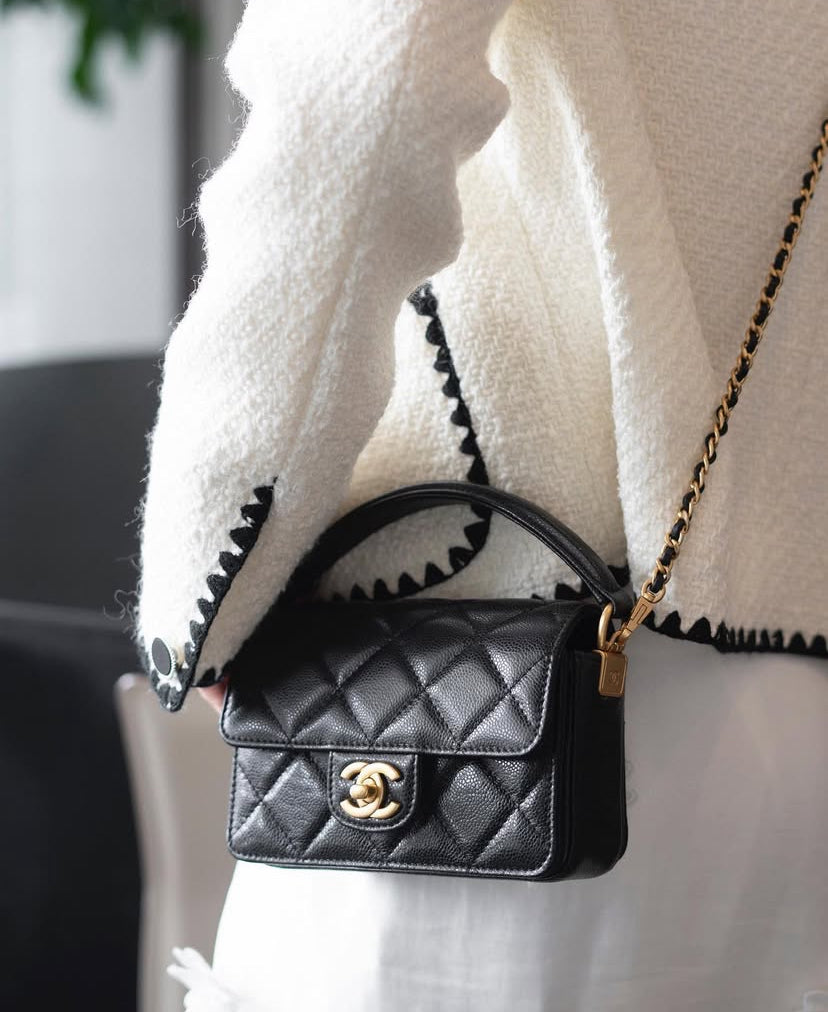 Chanel Shiny Caviar Quilted Mini Top Handle Flap Bag