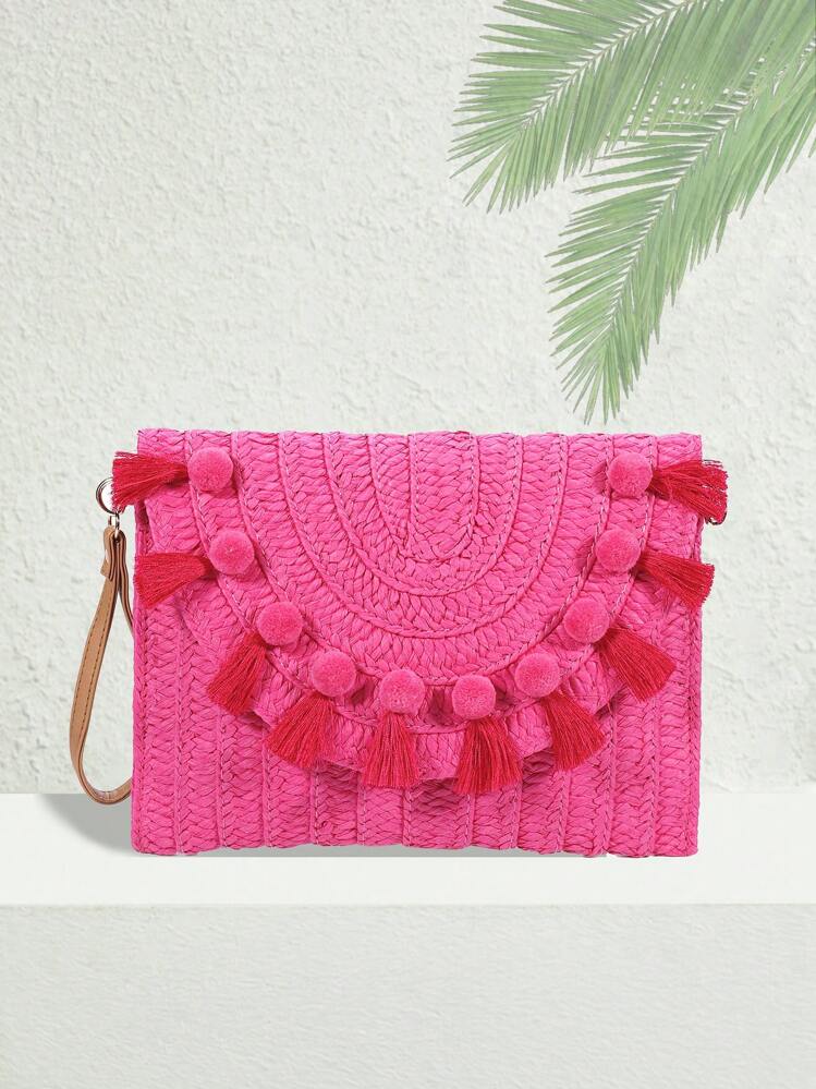 Woven Raffia Tassel Flap Bag