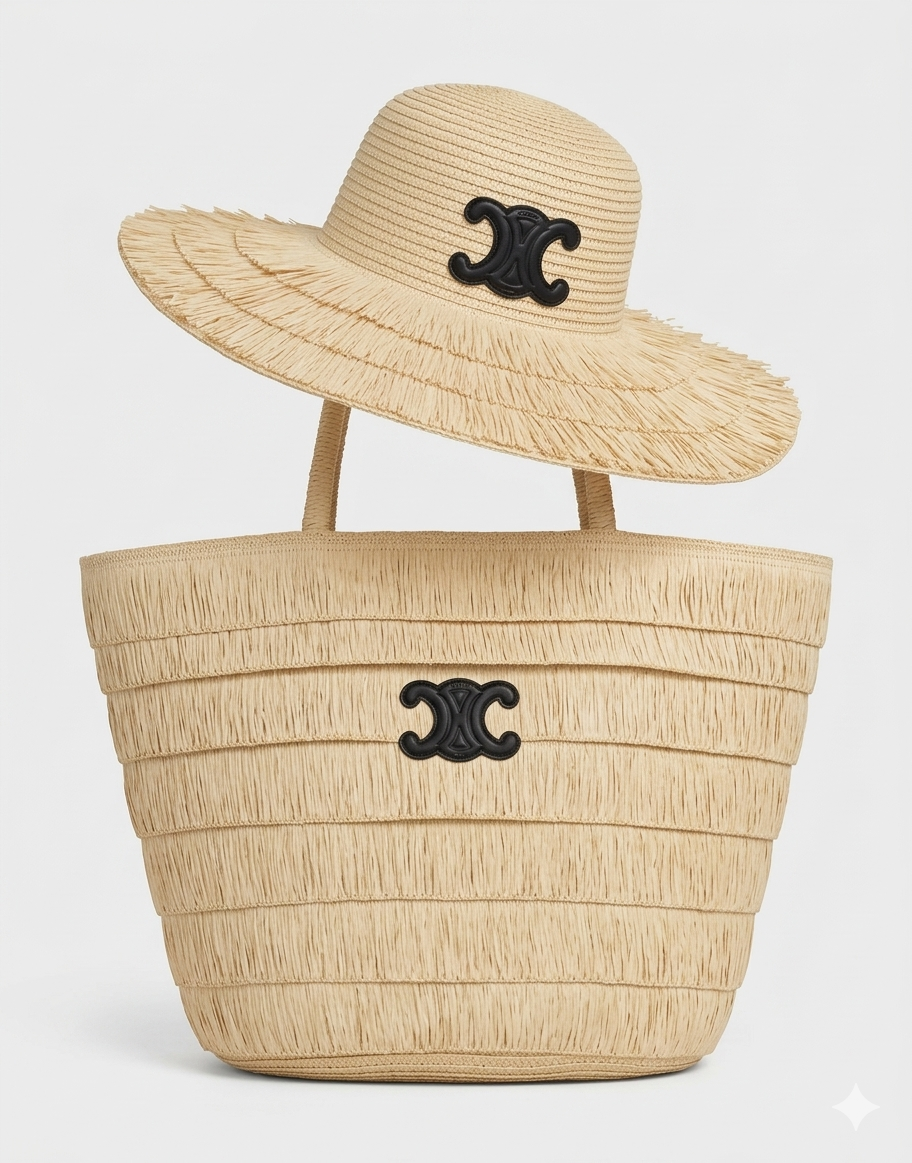 Celine Triomphe Panier Tote & Raffia Hat Set