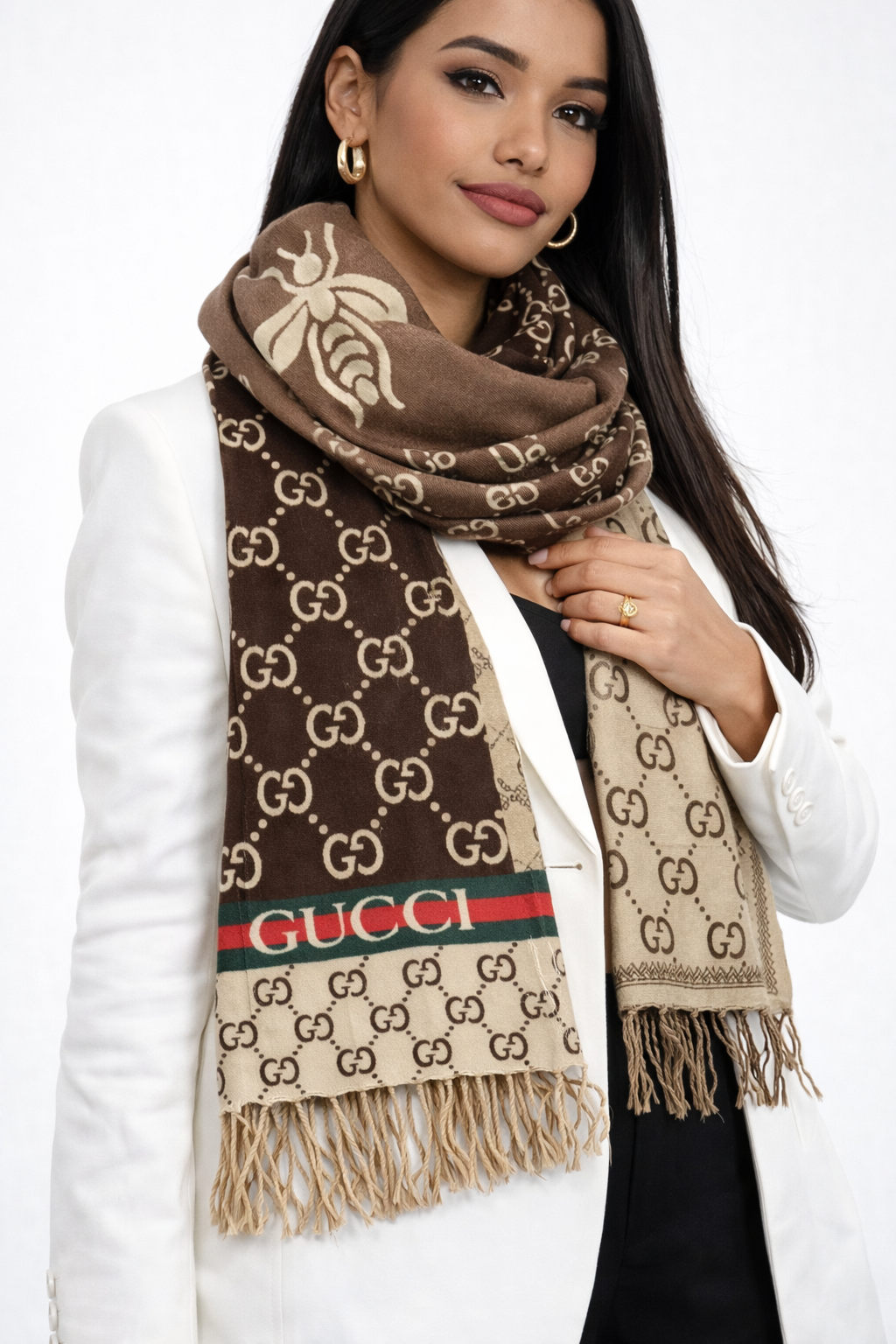 Gucci GG Bee Jacquard Double-Face Wool Scarf