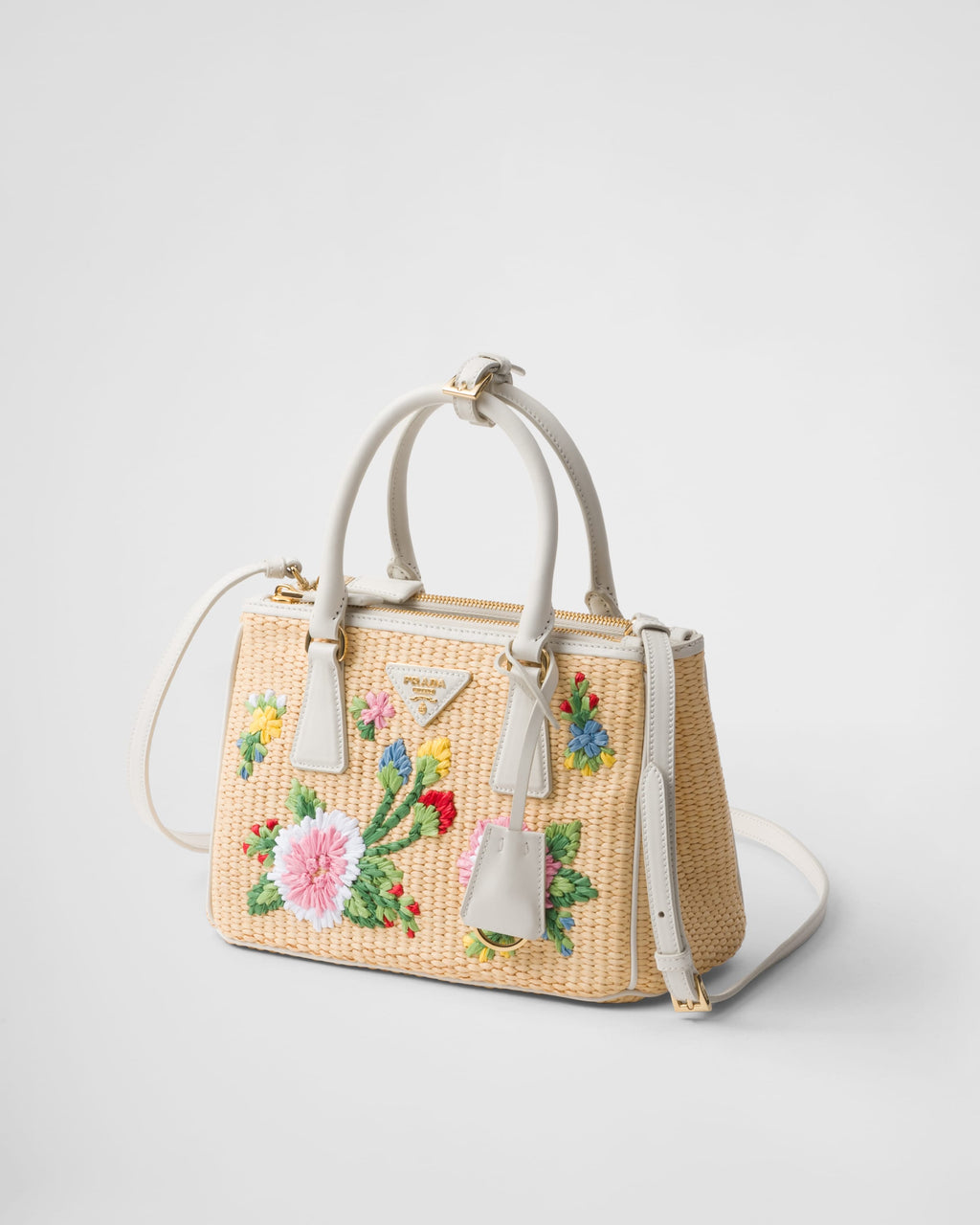 Prada Galleria Small Embroidered Raffia Tote Bag