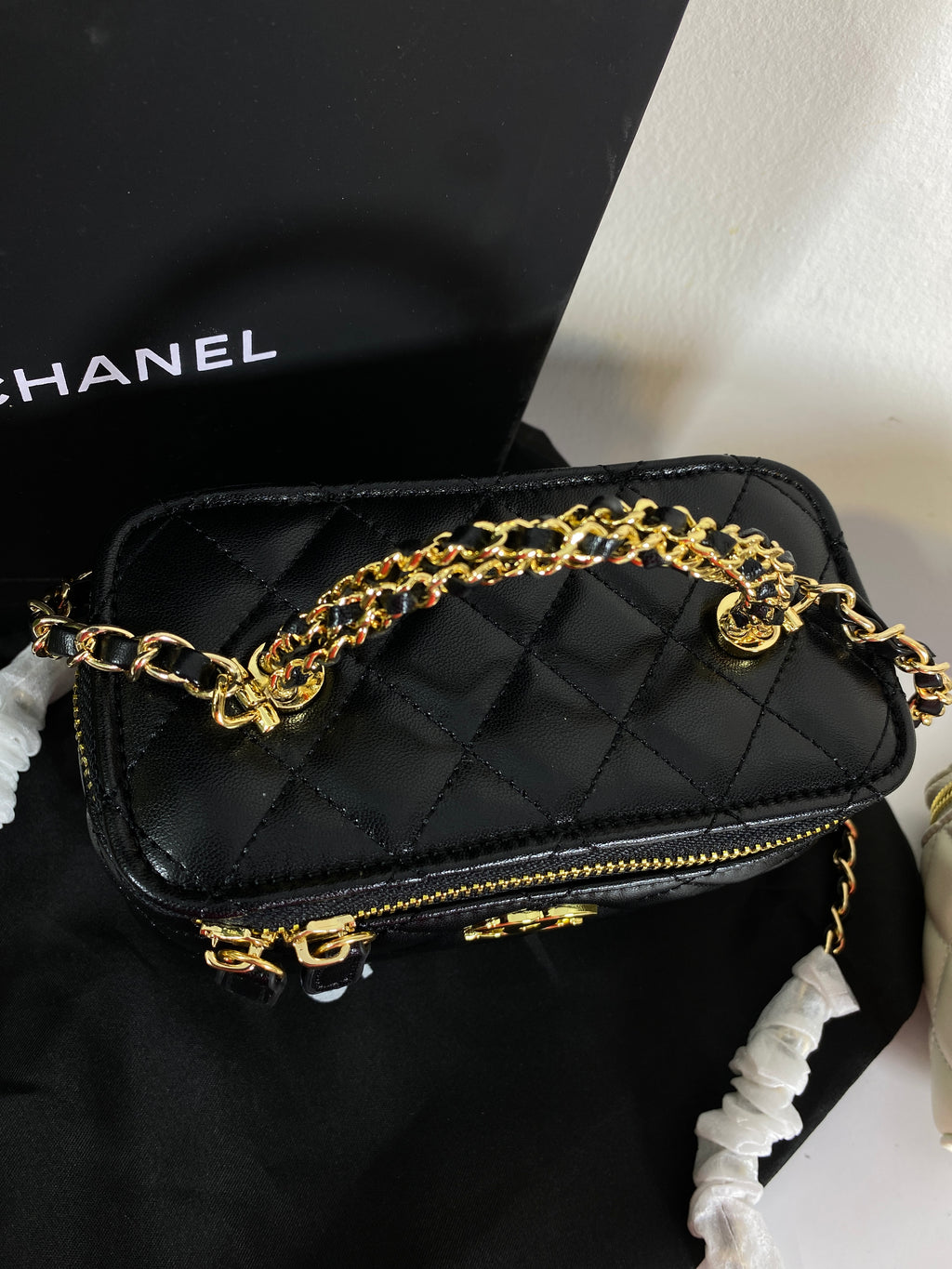 Chanel Black Calfskin Chain Vanity Bag