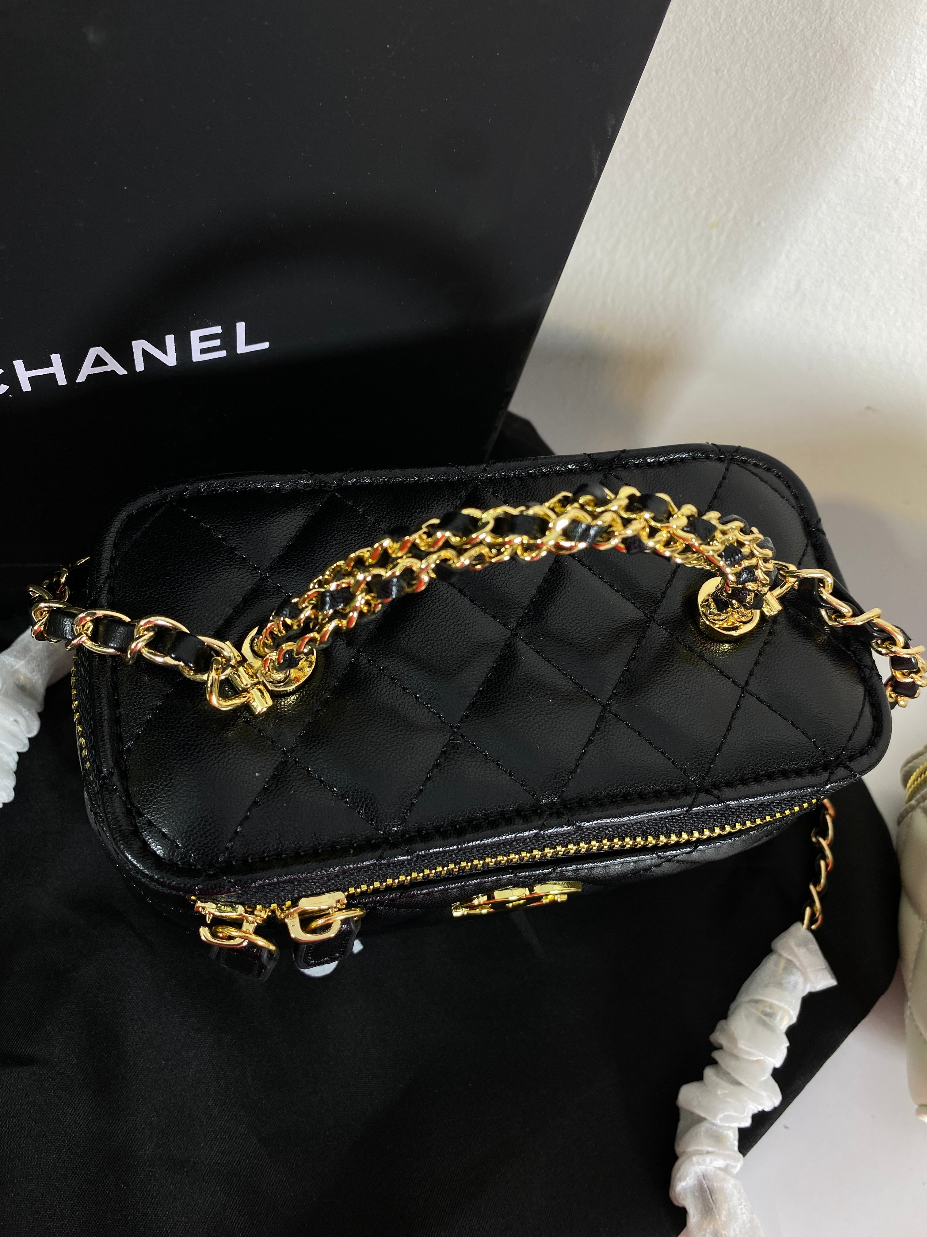 Chanel Black Calfskin Chain Vanity Bag