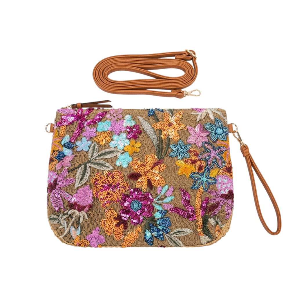 Floral Sequin Crossbody Pouch Bag