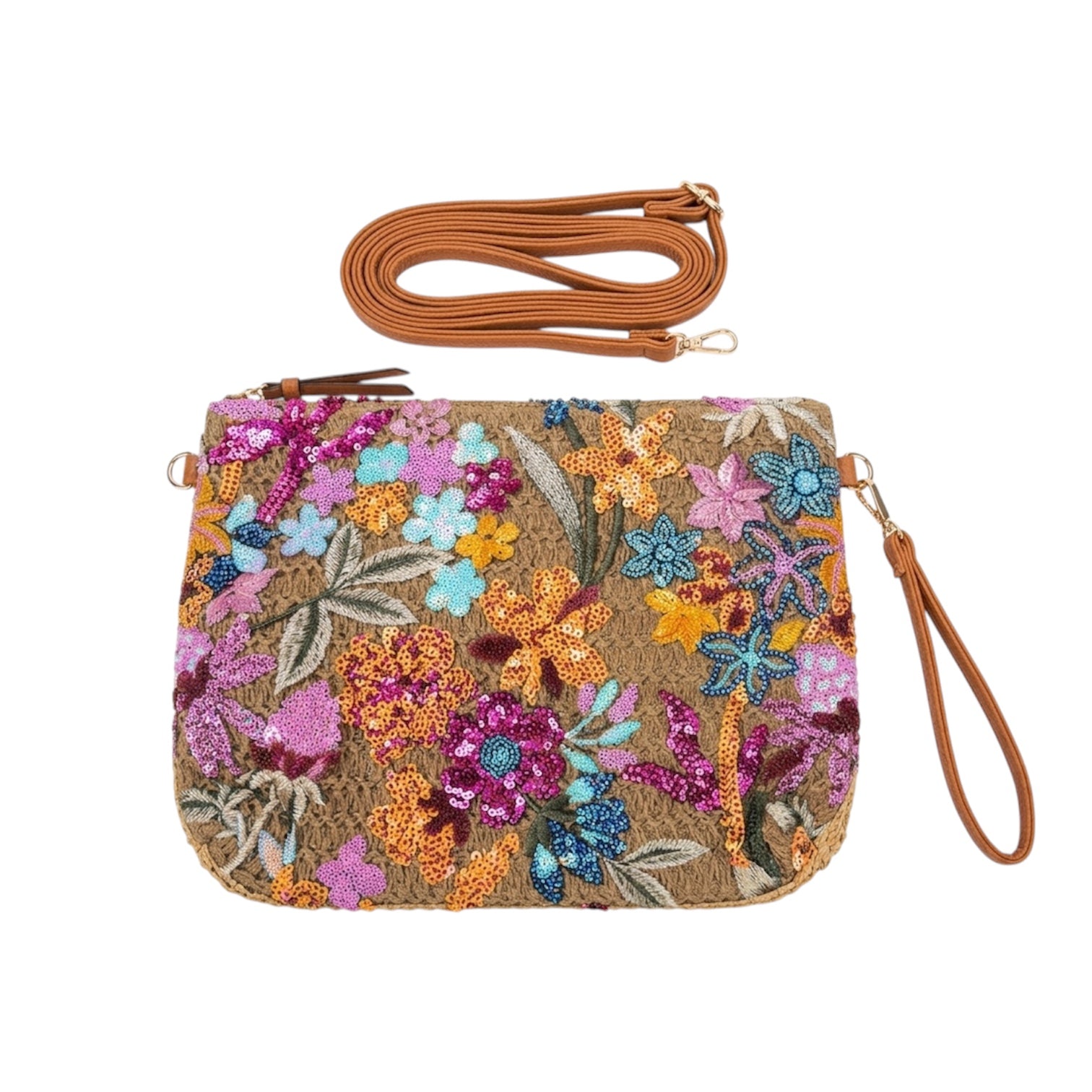 Floral Sequin Crossbody Pouch Bag