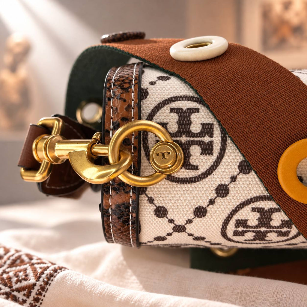 Tory Burch T Monogram Flap Bag with Eyelet Webbing Strap