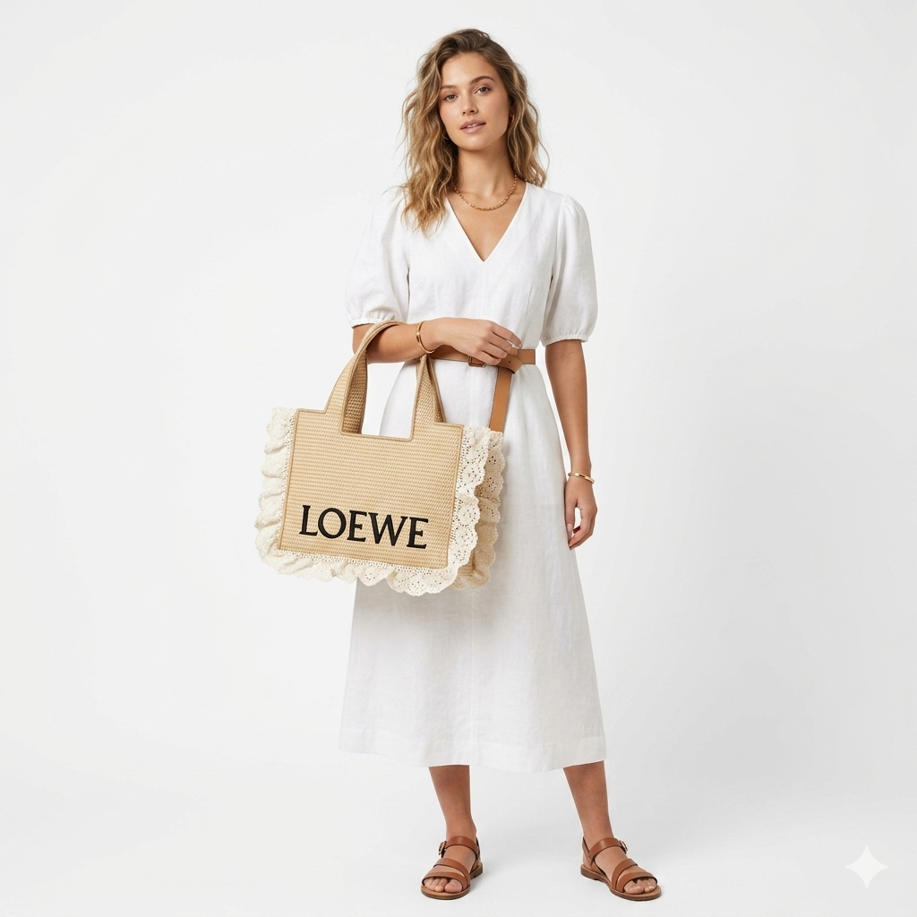 Loewe Standard A5 Tote in Raffia with Lace Trim