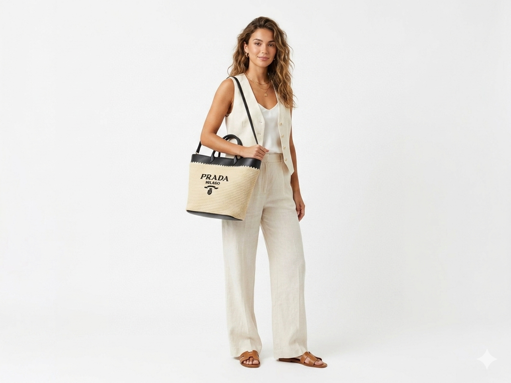 Prada Large Raffia and Leather Tote Bag