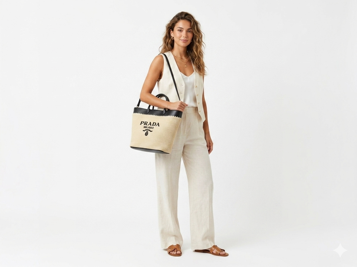 Prada Large Raffia and Leather Tote Bag