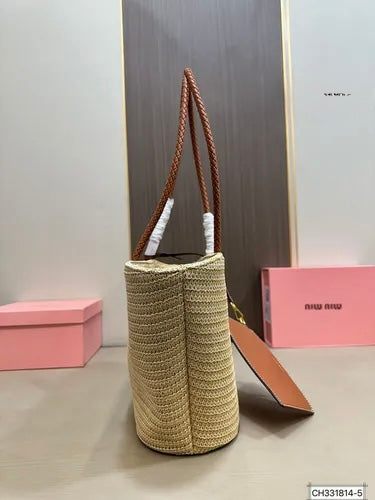 Miu Miu Woven Raffia Tote Bag with Heart Details