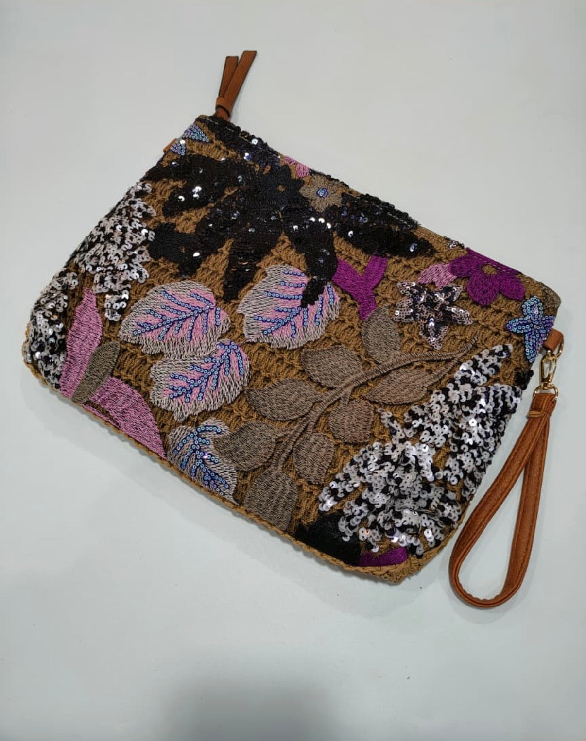 Floral Sequin Crossbody Pouch Bag