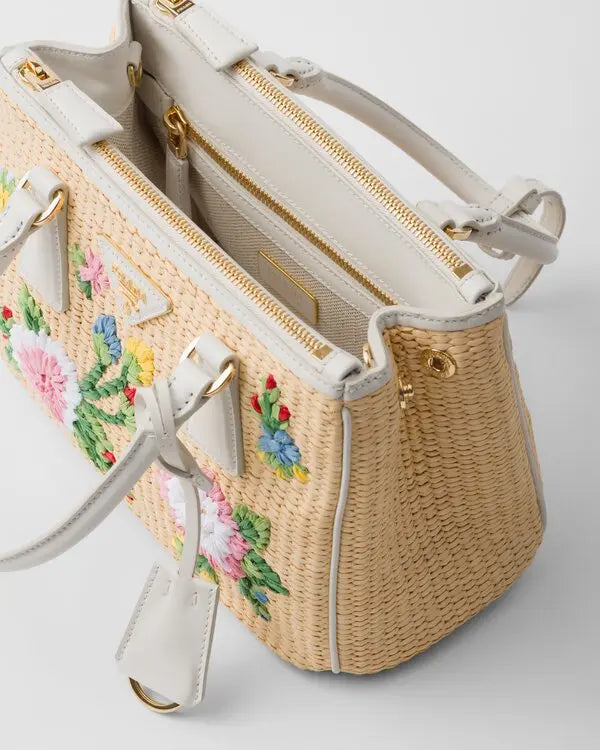 Prada Galleria Small Embroidered Raffia Tote Bag