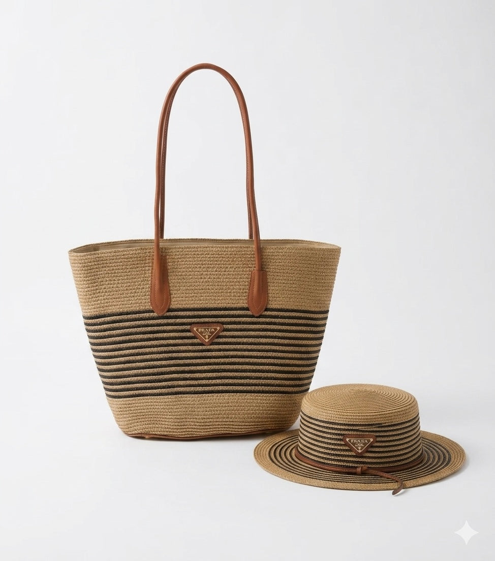 Prada Raffia Tote and Boater Hat Set