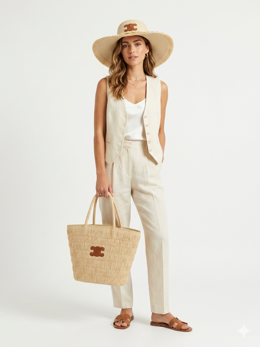 Celine Triomphe Panier Tote & Raffia Hat Set