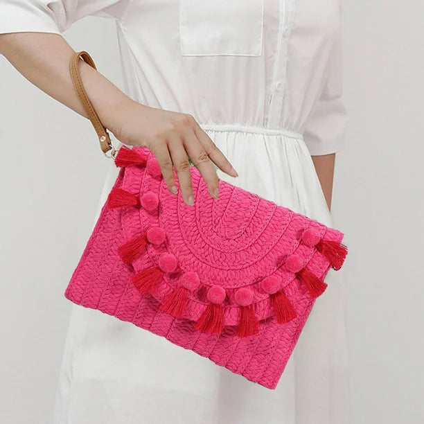 Woven Raffia Tassel Flap Bag