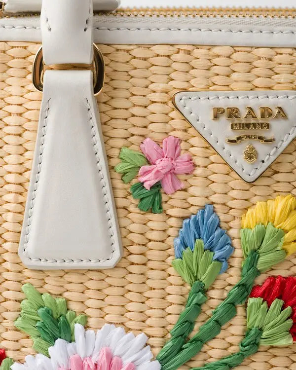 Prada Galleria Small Embroidered Raffia Tote Bag