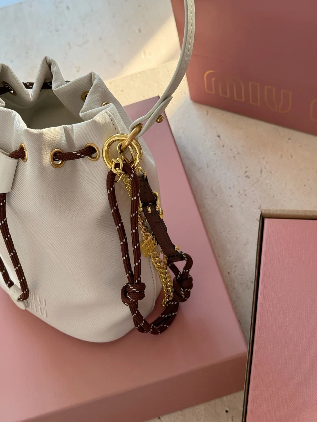 Miu Miu Logo Canvas Drawstring Bucket Bag