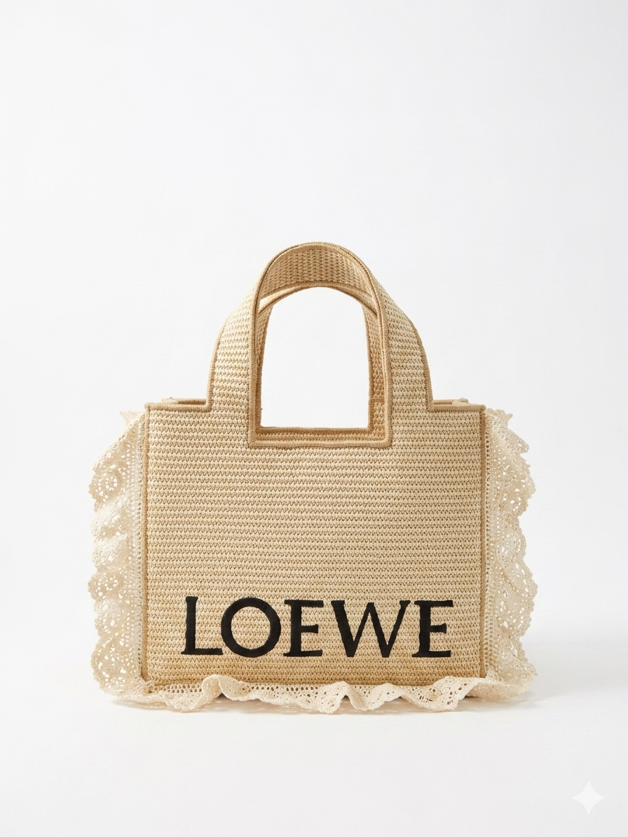 Loewe Standard A5 Tote in Raffia with Lace Trim