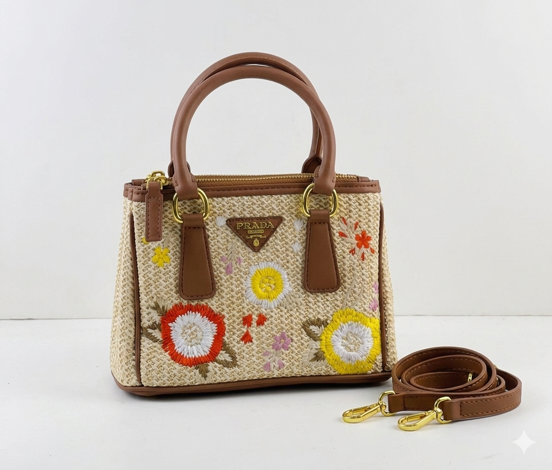 Prada Galleria Small Embroidered Raffia Tote Bag