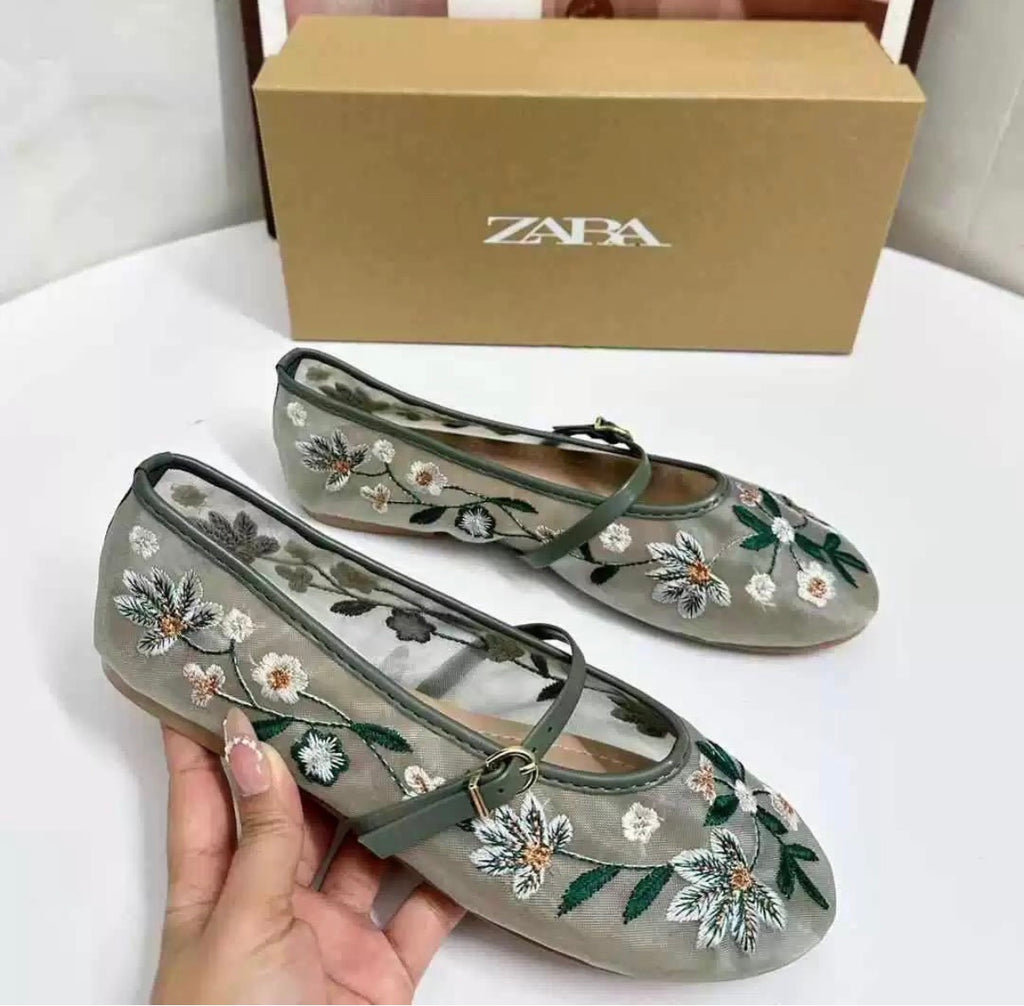 Zara Embroidered Mesh Mary Jane Ballet Flats