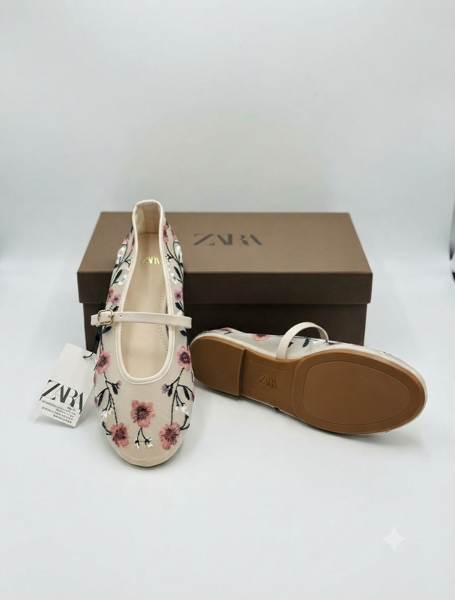 Zara Embroidered Mesh Mary Jane Ballet Flats